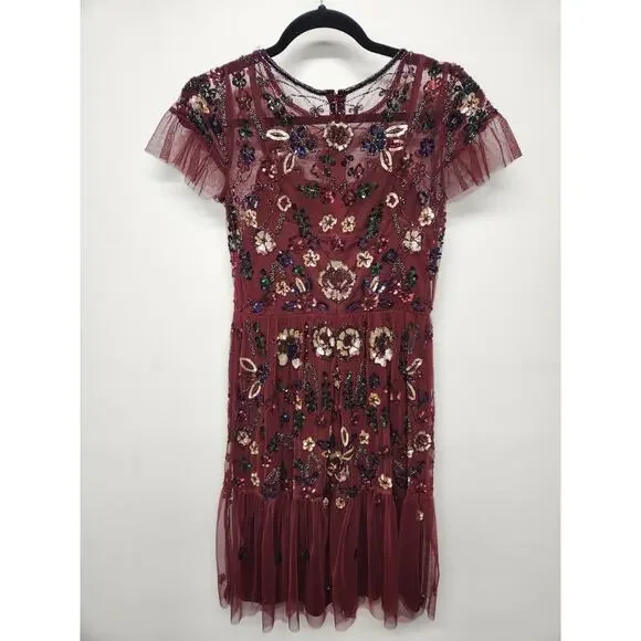Gianni Bini Women's Wendy Burgundy Sequin Mesh Embroidered Floral Dress, Size 0 - Picture 4 of 14